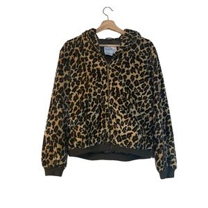 Pamela McCoy Collection Faux Leopard Print Hooded Bomber Jacket Womens Medium